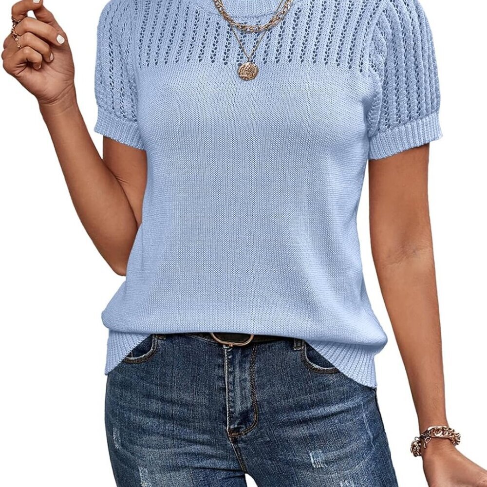 Womens Summer Tops Dressy Casual Crewneck Short Sleeve Shirts Solid Hollow Out K